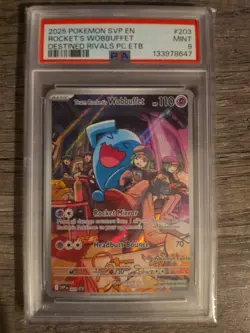 2025 POKEMON DESTINED RIVALS POKEMON CENTER ETB TEAM ROCKET'S WOBBUFFET PSA 9 - Image 1