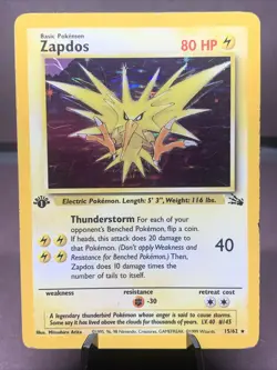 Pokemon TCG 1st Edition Zapdos 15/62 Fossil Set Holo Rare VTG WOTC MP-/HP - Image 1