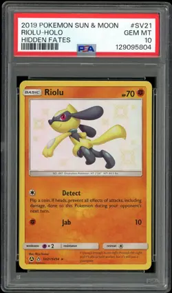 2019 POKEMON SUN & MOON HIDDEN FATES #SV21 RIOLU HOLO PSA 10 - Image 1