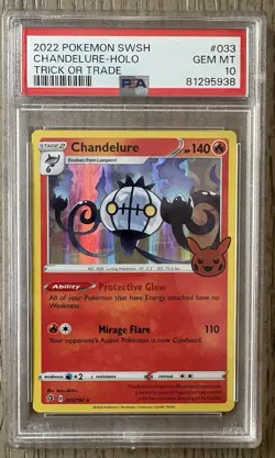 2020 POKEMON SWORD & SHIELD #033 CHANDELURE-HOLO TRICK OR TRADE PSA 10 - Image 1
