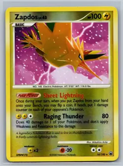 ZAPDOS 14/100 HOLO RARE MAJESTIC DAWN POKEMON REVERSE HOLO NM- - Image 1