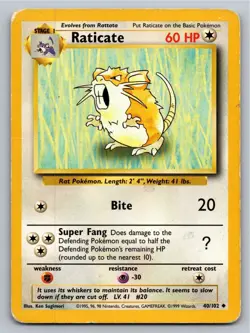 Raticate 40/102 Uncommon Base Set Unlimited Pokemon Heavily Played (DMG) - Image 1