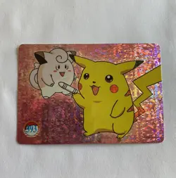 Vintage 90s Pokemon Holo Prism Vending Card #393 Pikachu & Clefairy Pink Crayon - Image 1