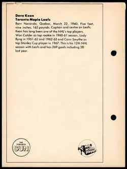 1971-72 Toronto Sun NHL Action Players Dave Keon Toronto Maple Leafs - Image 2