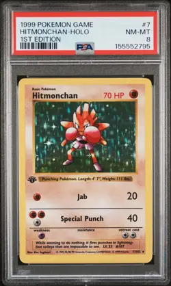 1999 POKEMON BASE SET 1ST EDITION #7 HITMONCHAN-HOLO PSA 8 - Image 1