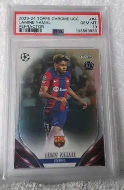 2023-24 TOPPS CHROME UEFA CLUB COMPETITIONS REFRACTOR #64 LAMINE YAMAL PSA 10 - Image 4