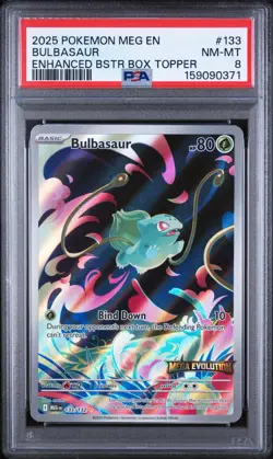 BULBASAUR 2025 POKEMON MEGA EVOULTIONS #133/132 BOX TOPPER STAMP PSA 8 - Image 1