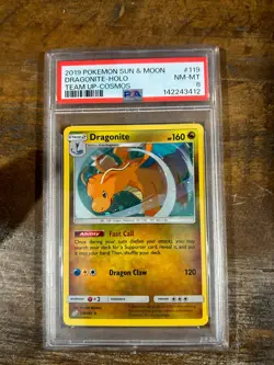 POKEMON 2019 Sun Moon Team Up DRAGONITE Cosmos Holo #119 PSA 8 RARE - Image 1