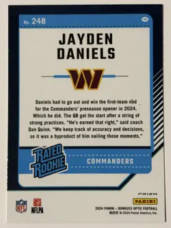 2024 PANINI DONRUSS OPTIC - JAYDEN DANIELS #248 - RATED ROOKIE - PINK PRIZM - Image 2