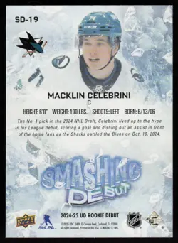 2024-25 Upper Deck Rookie Smashing Debut Macklin Celebrini Rookie #SD-19 - Image 2