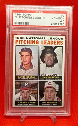 1964 NL Pitching Leaders Topps #3 Sandy Koufax Marichal Spahn PSA VG-EX+4.5 - Image 1