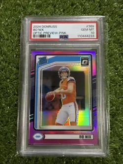 2024 Donruss PSA 10 Bo Nix #369 Optic Preview Pink Prizm NFL Football Card - Image 1
