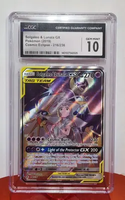 2019 POKEMON COSMIC ECLIPSE, HOLO #216/236 SOLGALEO & LUNALA GX CGC 10 GEM MINT - Image 1
