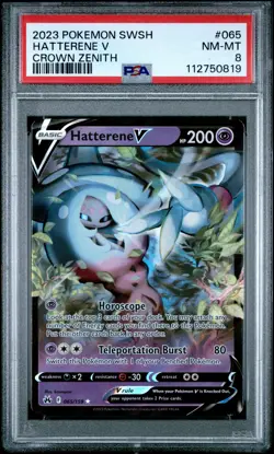 2023 POKEMON SWORD & SHIELD CROWN ZENITH #065 HATTERENE V PSA 8 - Image 1