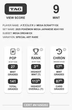 Pokemon 2025 Japanese Mega Dream EX Mega Scrafty EX 241/193 SAR Holo TAG - Image 3