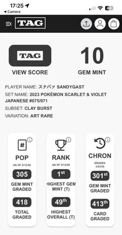2023 Sandygast Pokemon Jap Sv2d-Clay Burst 075 Graded Card TAG 10 AR - RANK 1 T - Image 3