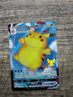 Pokemon TCG 2021 Surfing Pikachu VMAX Celebrations Holo Ultra Rare Card 009/025 - Image 1