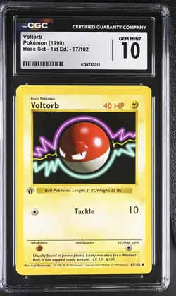 CGC 10 GEM MINT Voltorb 67/102 Base Set 1st Edition Shadowless Pokemon Card - Image 1