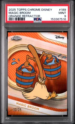 MAGIC BROOM 2025 TOPPS CHROME DISNEY ORANGE REFRACTOR SP 3/25 PSA 9 MINT - Image 1