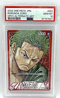 BANDAI PSA10 ONE PIECE Jap Card Roronoa Zoro Alt Art OP01-001 L ROMANCE DAWN - Image 1