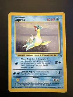 Pokemon TCG Lapras Fossil Holo Unlimited Rare Card 10/62 Vintage Damaged - Image 1