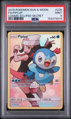 2019 Pokemon Sun & Moon Cosmic Eclipse Piplup #239 Secret Rare PSA 9 Mint - Image 1