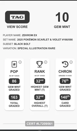 Pokemon Graded TAG Gem Mint 10 Lot-Reshiram ex & Zekrom ex 166/086 SAR English - Image 3