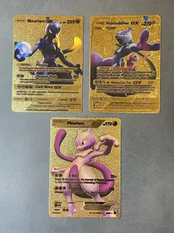 Pokemon Novelty Mewtwo Gold Full Fan Art Card Lot (3) EX GX Tag Team Mew Promo - Image 1