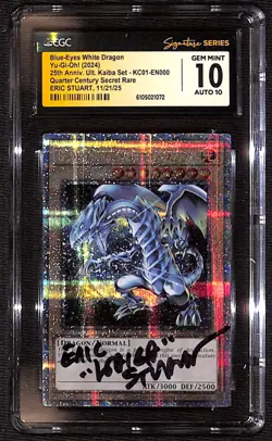 CGC GEM MINT 10 Auto 10 Eric Stuart Blue-Eyes White Dragon (QCSR) KC01-EN000 - Image 1