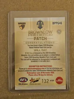 Select 2026 AFL Brownlow Predictor Patch Gold Will Day Hawks BPPG46 132/220 - Image 2