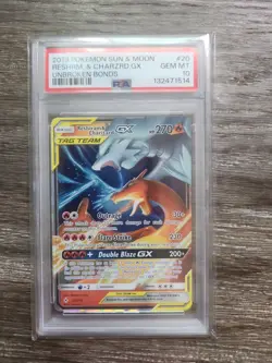 2019 Pokemon SM Unbroken Bonds Reshiram Charizard Tag Team GX #20/214 PSA 10 - Image 1