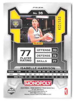 2024 Panini Prizm Monopoly - Isabelle Harrison #36 Gold Millionaire Shimmer /500 - Image 2