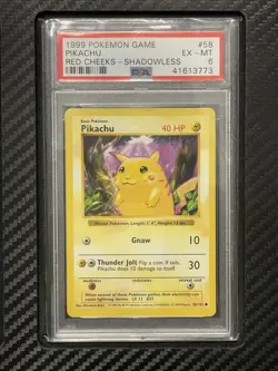 1999 PSA 6 Pikachu Red Cheeks #58 Shadowless WOTC Pokemon Game Base Set - Image 1
