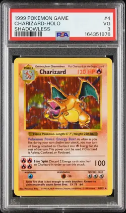1999 POKEMON GAME SHADOWLESS #4 CHARIZARD-HOLO PSA 3 - Image 1
