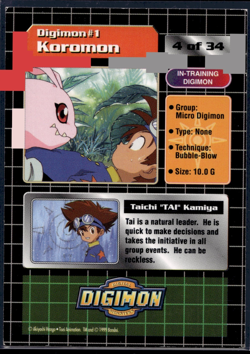1999 Digimon TCG | Tai & Koromon | Card #1 | DP 200 | LP - Image 2