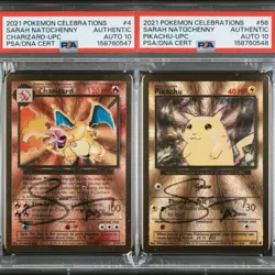 Pokemon Gold Metal Charizard & Pikachu Sarah Natochenny PSA 10 Auto Sequential - Image 1