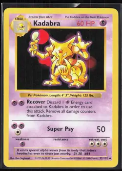 Kadabra 32/102 Uncommon Base Set Shadowless Pokemon Unlimited 1-11-84 - Image 1
