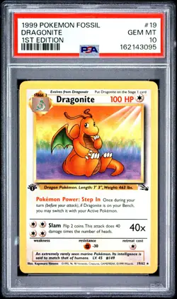 1999 POKEMON FOSSIL 1ST EDITION #19 DRAGONITE PSA 10 - Image 1