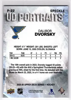 2025-26 Upper Deck UD Portraits Speckle Dalibor Dvorsky St. Louis Blues #P-22 - Image 2