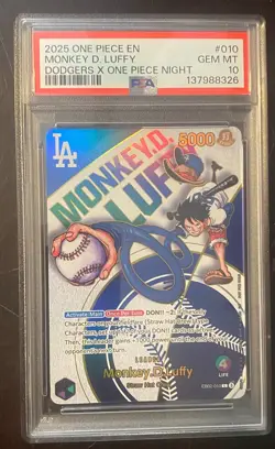 2025 ONE PIECE PROMOS DODGERS X ONE PIECE NIGHT #010 MONKEY D. LUFFY PSA 10 - Image 1