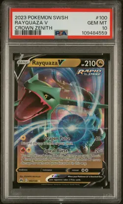 2023 POKEMON SWORD & SHIELD CROWN ZENITH #100 RAYQUAZA V PSA 10 - Image 1