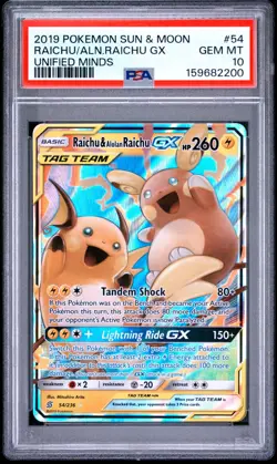2019 POKEMON SUN & MOON UNIFIED MINDS #54 RAICHU & ALOLAN RAICHU GX PSA 10 - Image 1