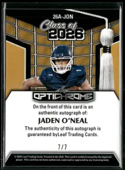 2025 Leaf Optichrome Jaden O’Neal Class of 2026 Auto Shimmer Platinum Blue 7/7 - Image 2