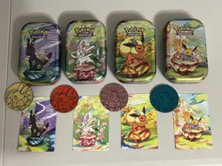 Pokemon- Prismatic Evolutions *EMPTY* Mini Tins, Set of 4 with Cards and Coin! - Image 1