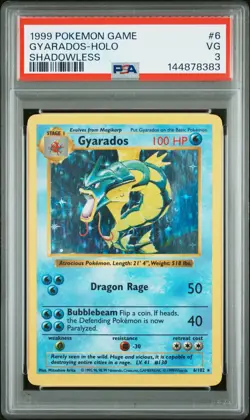 1999 POKEMON BASE SET SHADOWLESS #6 GYARADOS-HOLO PSA 3 - Image 1