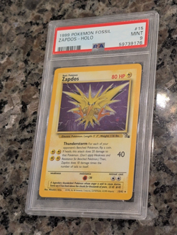 1999 Pokemon Fossil Set 15/62 Original Unlimited Holo Rare Zapdos PSA 9 Mint - Image 1
