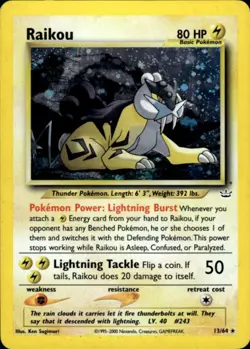 Raikou 13/64 Holo Rare Neo Revelation Pokemon Heavily Played - Creased - Image 1