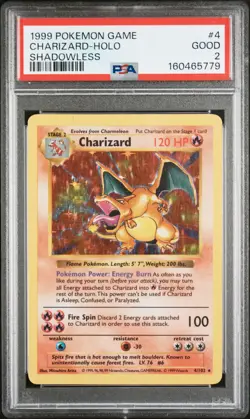 1999 POKEMON BASE SET SHADOWLESS #4 CHARIZARD-HOLO PSA 2 - Image 1