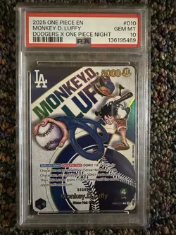 2025 ONE PIECE MONKEY D. LUFFY DODGERS X ONE PIECE NIGHT PROMOS #010 GEM PSA 10 - Image 1