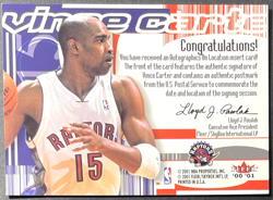 Vince Carter 2000-01 Fleer Futures Autographics On Location SP On Card Auto HOF - Image 2